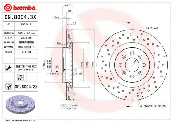 Тормозной диск BREMBO 09.8004.3X