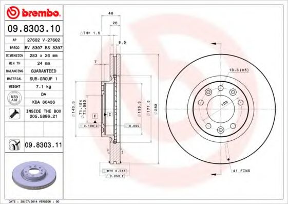 Тормозной диск BREMBO 09.8303.11