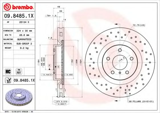 Тормозной диск BREMBO 09.8485.1X