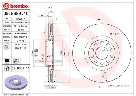 Тормозной диск BREMBO 09.8689.11