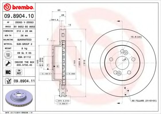 Тормозной диск BREMBO 09.8904.10