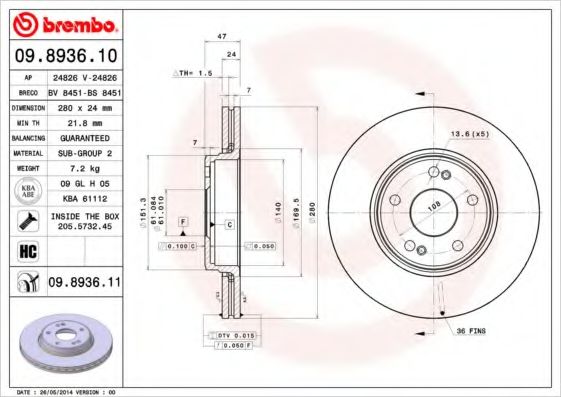 Тормозной диск BREMBO 09.8936.10