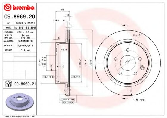 Тормозной диск BREMBO 09.8969.20