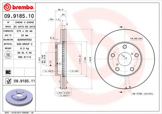 Тормозной диск BREMBO 09.9185.11