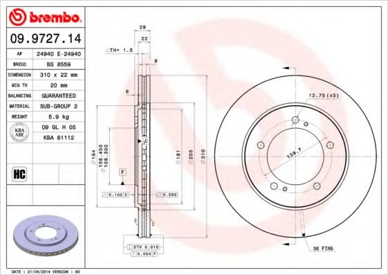 Тормозной диск BREMBO 09.9727.14