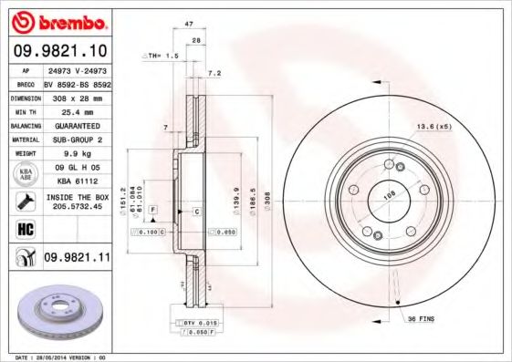 Тормозной диск BREMBO 09.9821.11