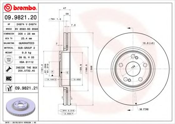 Тормозной диск BREMBO 09.9821.20