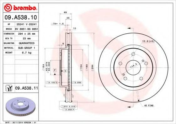 Тормозной диск BREMBO 09.A538.10