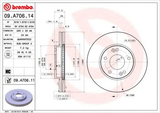Тормозной диск BREMBO 09.A706.14