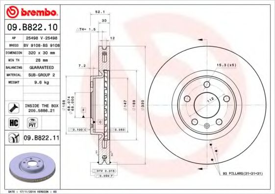 Тормозной диск BREMBO 09.B822.10