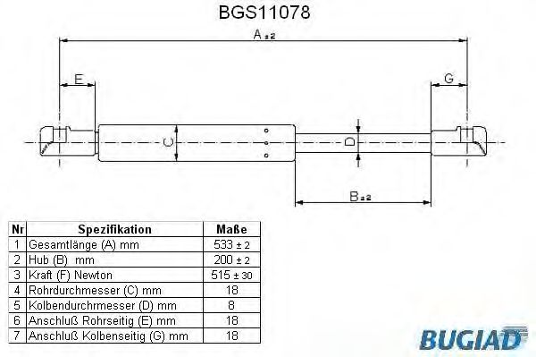 Газовая пружина, крышка багажник BUGIAD BGS11078