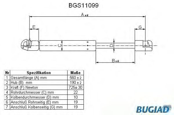 Газовая пружина, крышка багажник BUGIAD BGS11099