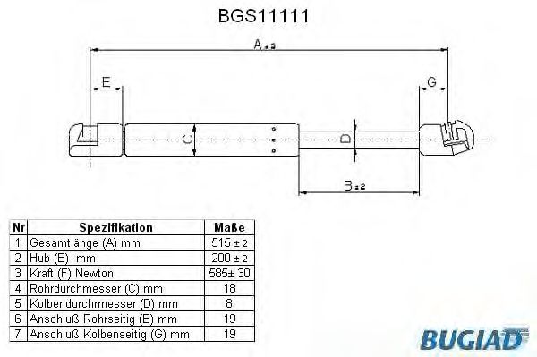 Газовая пружина, крышка багажник BUGIAD BGS11111