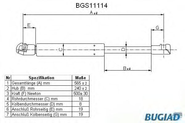 Газовая пружина, крышка багажник BUGIAD BGS11114