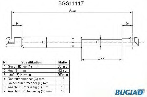 Газовая пружина, крышка багажник BUGIAD BGS11117