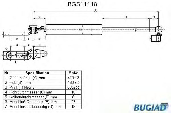 Газовая пружина, крышка багажник BUGIAD BGS11118