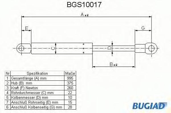 Газовая пружина, крышка багажник BUGIAD BGS10017