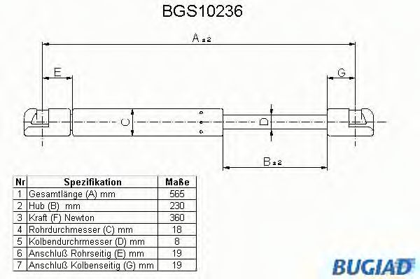 Газовая пружина, крышка багажник BUGIAD BGS10236