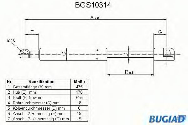 Газовая пружина, крышка багажник BUGIAD BGS10314