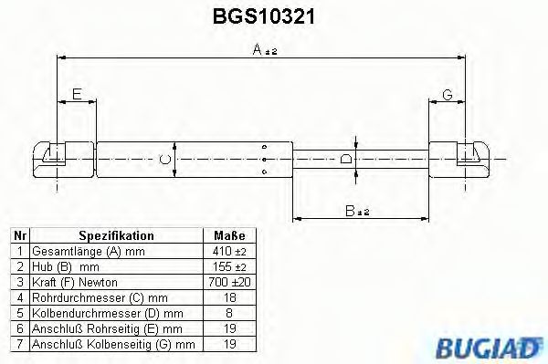 Газовая пружина, крышка багажник BUGIAD BGS10321