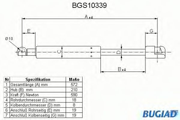 Газовая пружина, крышка багажник BUGIAD BGS10339