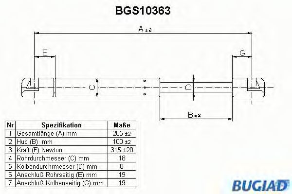 Газовая пружина, крышка багажник BUGIAD BGS10363