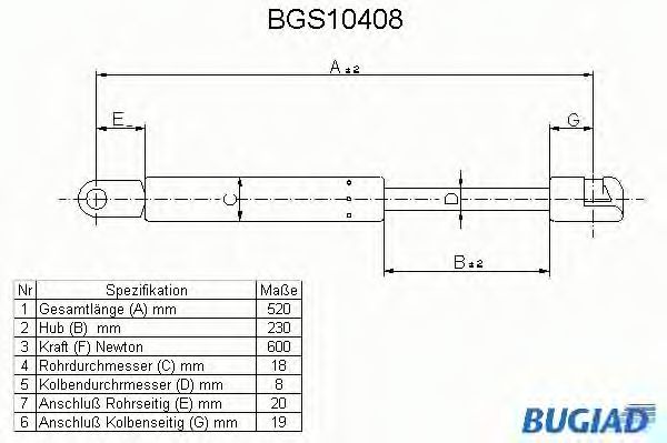 Газовая пружина, крышка багажник BUGIAD BGS10408