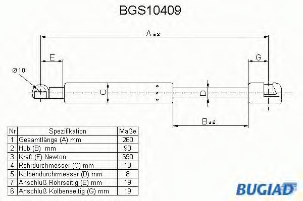 Газовая пружина, крышка багажник BUGIAD BGS10409