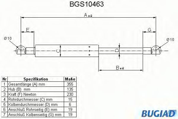 Газовая пружина, крышка багажник BUGIAD BGS10463