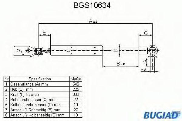 Газовая пружина, крышка багажник BUGIAD BGS10634