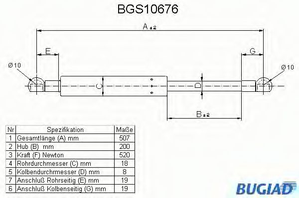 Газовая пружина, крышка багажник BUGIAD BGS10676