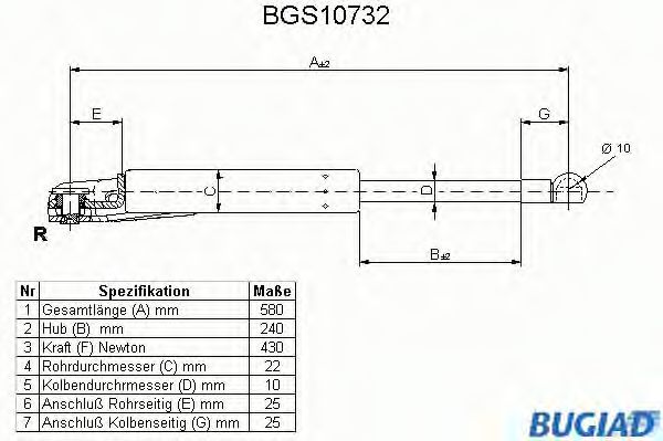 Газовая пружина, крышка багажник BUGIAD BGS10732