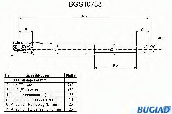 Газовая пружина, крышка багажник BUGIAD BGS10733
