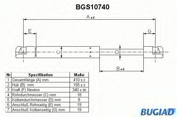 Газовая пружина, крышка багажник BUGIAD BGS10740