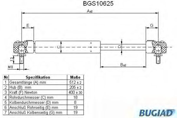 Газовая пружина, крышка багажник BUGIAD BGS10625