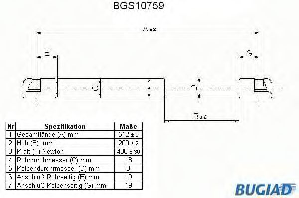 Газовая пружина, крышка багажник BUGIAD BGS10759