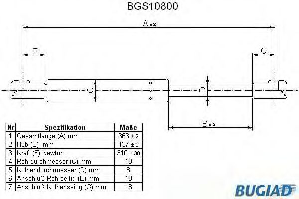 Газовая пружина, крышка багажник BUGIAD BGS10800