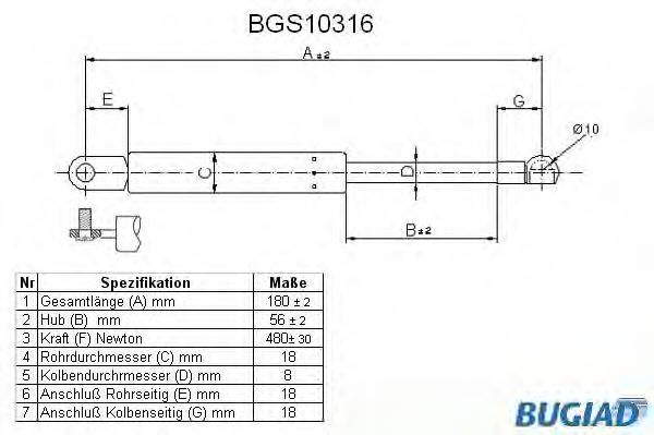 Газовая пружина, крышка багажник BUGIAD BGS10316