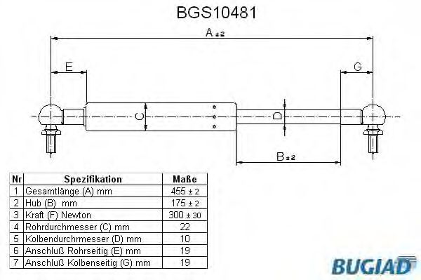 Газовая пружина, крышка багажник BUGIAD BGS10481