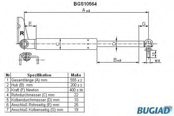 Газовая пружина, крышка багажник BUGIAD BGS10564