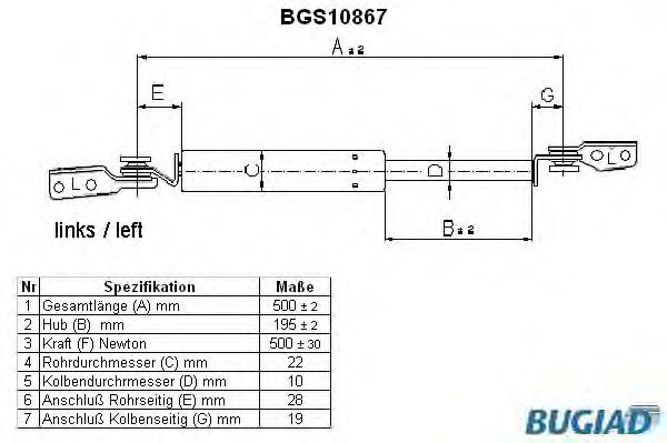 Газовая пружина, крышка багажник BUGIAD BGS10867