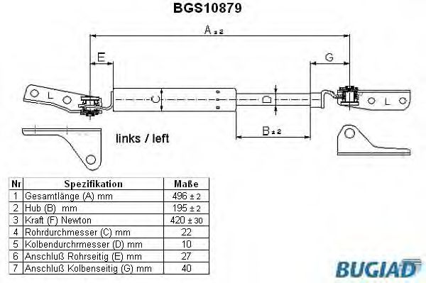 Газовая пружина, крышка багажник BUGIAD BGS10879