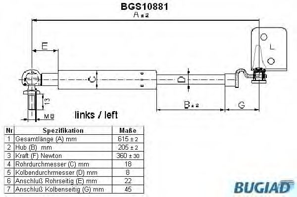 Газовая пружина, крышка багажник BUGIAD BGS10881