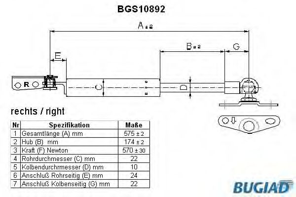 Газовая пружина, крышка багажник BUGIAD BGS10892