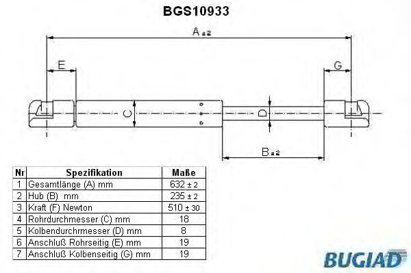 Газовая пружина, крышка багажник BUGIAD BGS10933