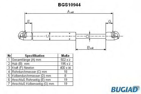 Газовая пружина, крышка багажник BUGIAD BGS10944