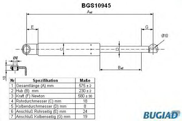 Газовая пружина, крышка багажник BUGIAD BGS10945