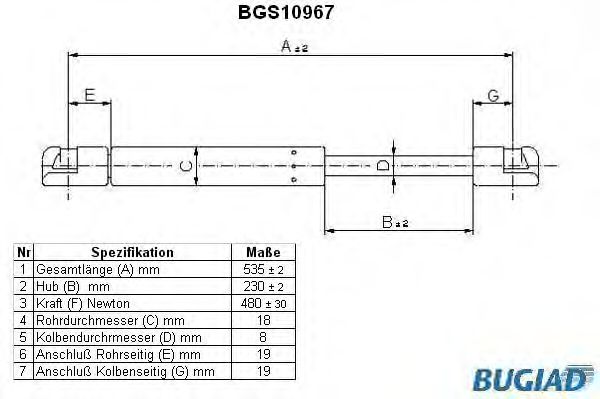 Газовая пружина, крышка багажник BUGIAD BGS10967