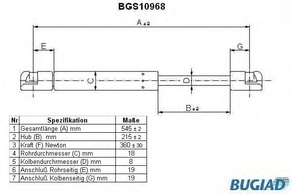 Газовая пружина, крышка багажник BUGIAD BGS10968