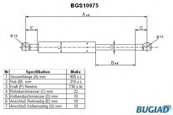 Газовая пружина, крышка багажник BUGIAD BGS10975